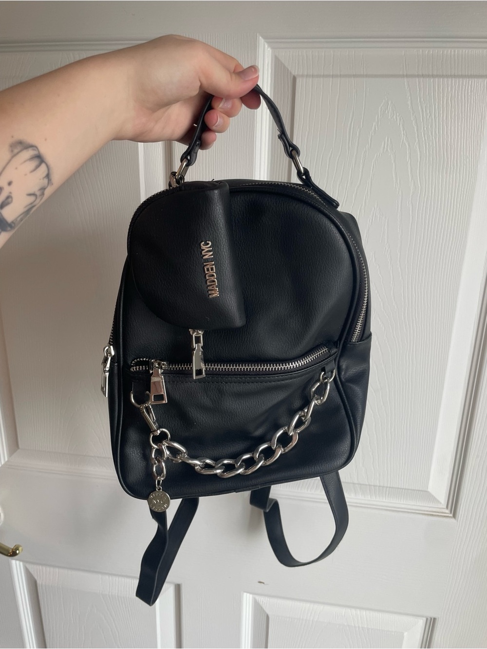 Madden NYC Black Mini Backpack with Silver Chain and Coin - Picture 3 of 4
